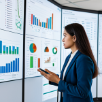 A professional data scientist, in modest business casual attire, standing thoughtfully in a modern data analytics lab. The scientist is observing a large interactive screen displaying complex data visualizations, statistical models, and insightful dashboards. Whiteboards with strategic flowcharts and key questions are visible in the background, emphasizing deep exploration and problem-solving. The atmosphere is calm and intellectually stimulating. High-quality professional photography, perfect anatomy, correct proportions, natural pose, well-formed hands, proper finger count, natural body proportions, fully clothed, appropriate attire, safe for work, appropriate content, professional.
