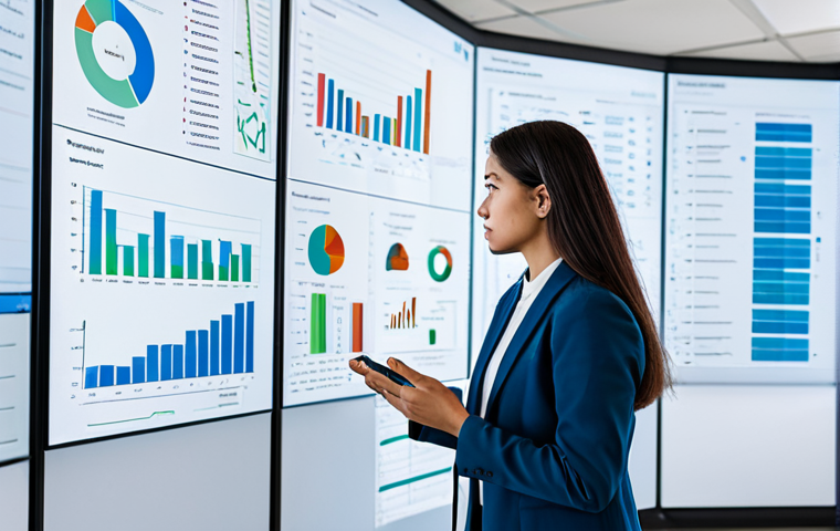 A professional data scientist, in modest business casual attire, standing thoughtfully in a modern data analytics lab. The scientist is observing a large interactive screen displaying complex data visualizations, statistical models, and insightful dashboards. Whiteboards with strategic flowcharts and key questions are visible in the background, emphasizing deep exploration and problem-solving. The atmosphere is calm and intellectually stimulating. High-quality professional photography, perfect anatomy, correct proportions, natural pose, well-formed hands, proper finger count, natural body proportions, fully clothed, appropriate attire, safe for work, appropriate content, professional.