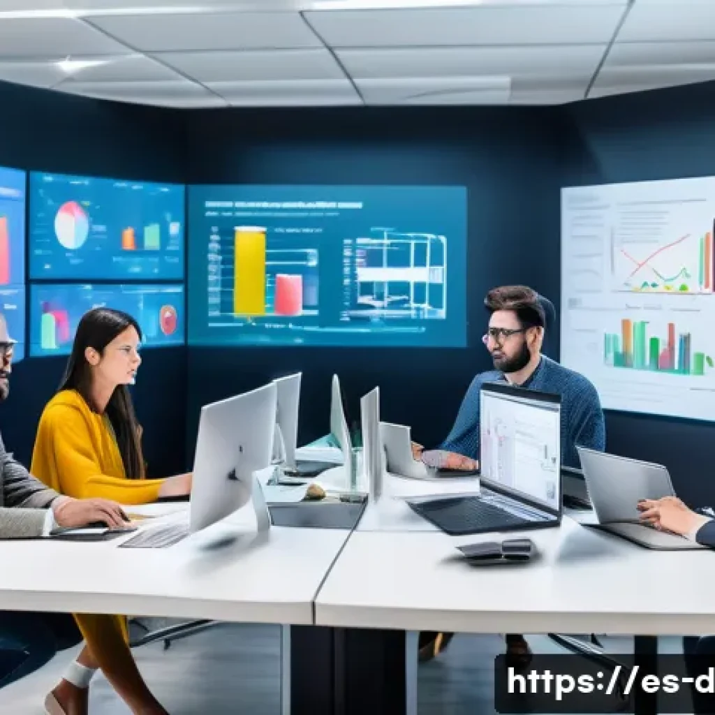 데이터과학과 데이터 설계의 관계 - A modern office scene showing a diverse team of data scientists and data engineers collaborating aro...