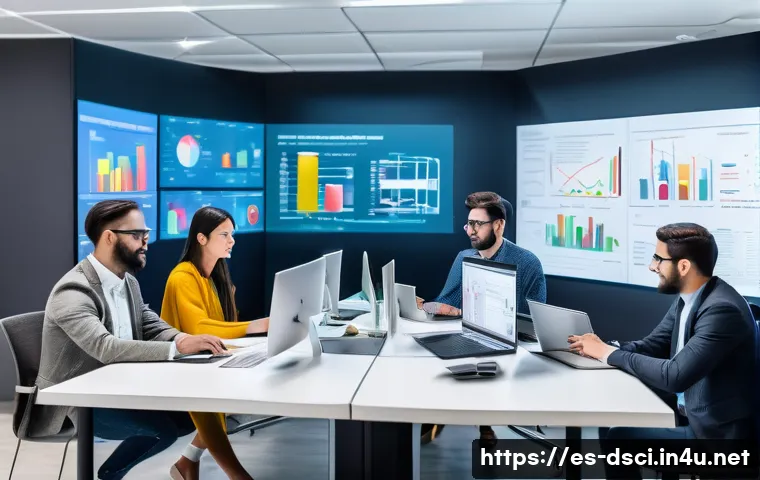 데이터과학과 데이터 설계의 관계 - A modern office scene showing a diverse team of data scientists and data engineers collaborating aro...