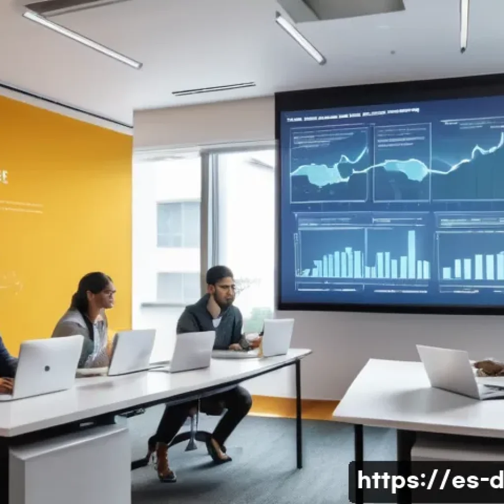 데이터과학과 데이터 윤리 - A modern, brightly lit office environment in a Latin American city, featuring diverse professionals ...