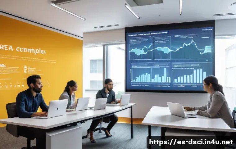 데이터과학과 데이터 윤리 - A modern, brightly lit office environment in a Latin American city, featuring diverse professionals ...