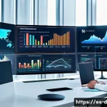 데이터과학과 금융 데이터 분석 - A modern financial office scene with diverse professionals analyzing interactive digital dashboards ...