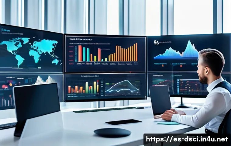 데이터과학과 금융 데이터 분석 - A modern financial office scene with diverse professionals analyzing interactive digital dashboards ...