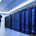 데이터과학과 하둡 활용법 - A futuristic data center room filled with rows of sleek, black server racks glowing with blue LED li...