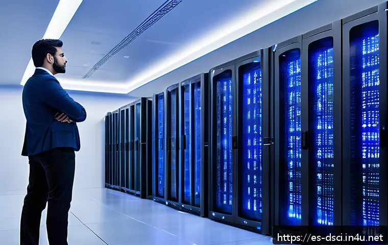 데이터과학과 하둡 활용법 - A futuristic data center room filled with rows of sleek, black server racks glowing with blue LED li...