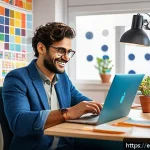 데이터과학자로서 블로그 운영하기 - A cozy home office scene showing a Spanish-speaking data scientist working on a laptop surrounded by...