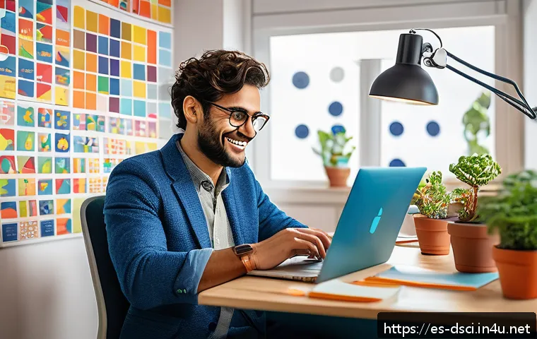 데이터과학자로서 블로그 운영하기 - A cozy home office scene showing a Spanish-speaking data scientist working on a laptop surrounded by...