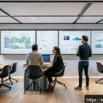 데이터과학 이직 후 적응기 - A modern co-working space in Madrid filled with diverse professionals collaborating on data science ...