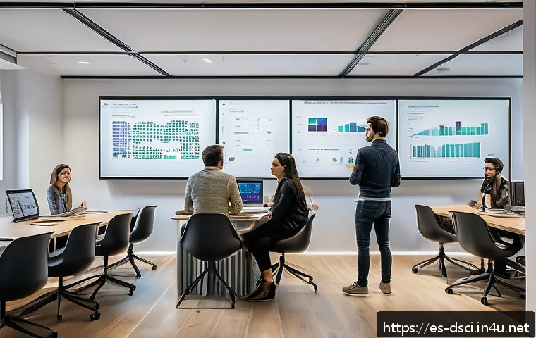 데이터과학 이직 후 적응기 - A modern co-working space in Madrid filled with diverse professionals collaborating on data science ...