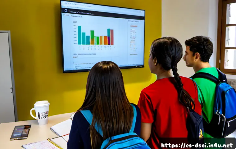 데이터과학과 R 언어 활용 사례 - Photorealistic data science classroom in Barcelona, Spain, a diverse group of university students co...